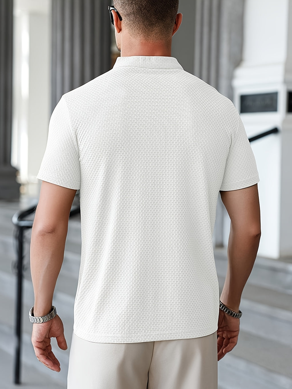 Men'S Waffle Texture Mandarin Collar Polo Shirts, Lightweight Quick-Dry Stretch Short Sleeve Summer Business Casual Tees - White