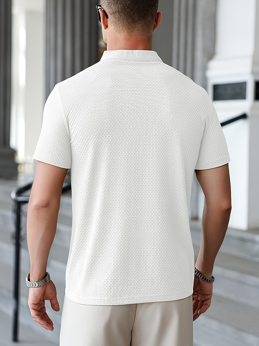 Men'S Waffle Texture Mandarin Collar Polo Shirts, Lightweight Quick-Dry Stretch Short Sleeve Summer Business Casual Tees - White