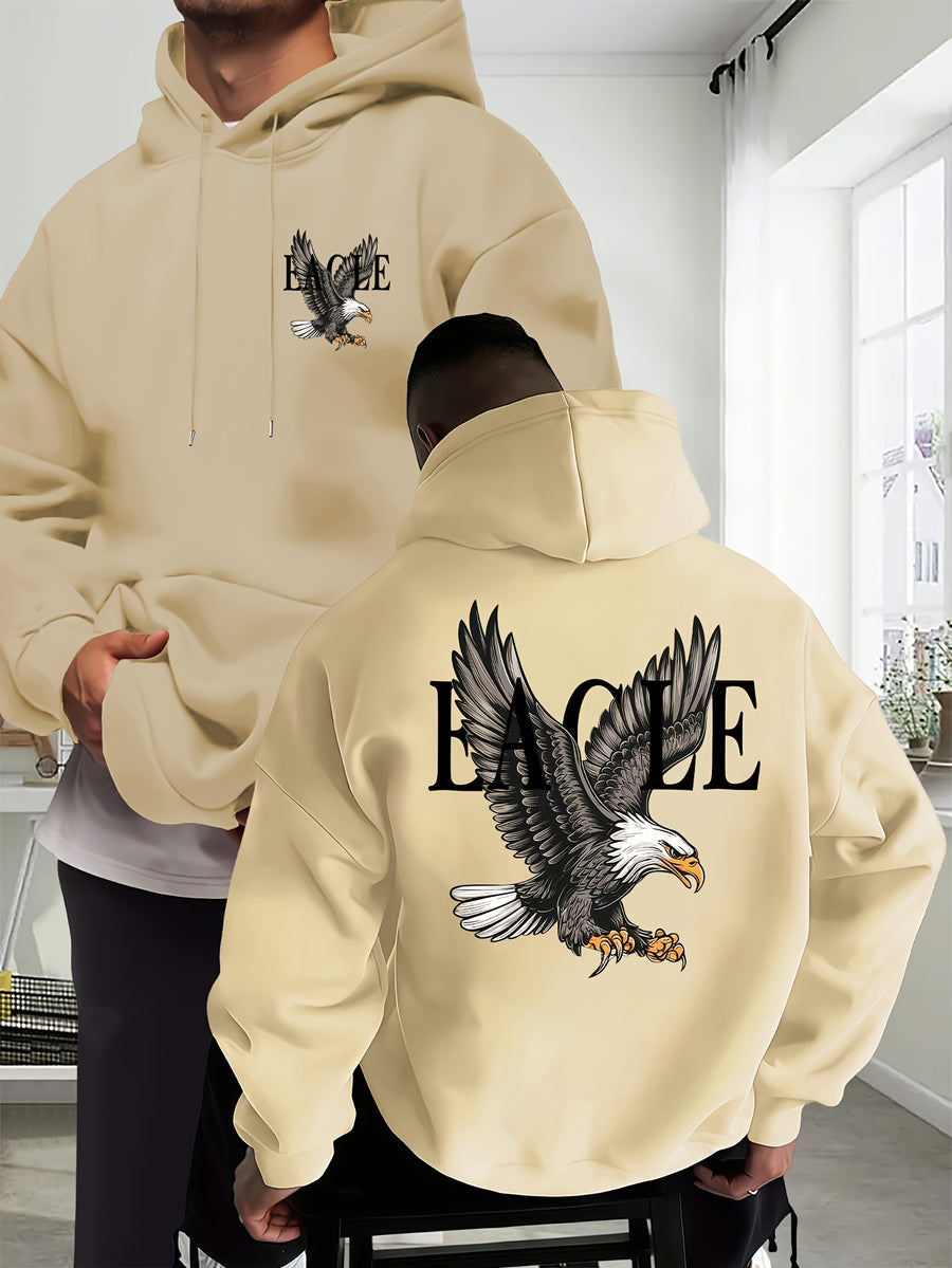 Eagle Men'S New Trendy Autumn And Winter Hoodie, Casual Everyday Drawstring Sweatshirt with Creative Design Print, Featuring a Front Kangaroo Pocket, Unisex Top - Apricot