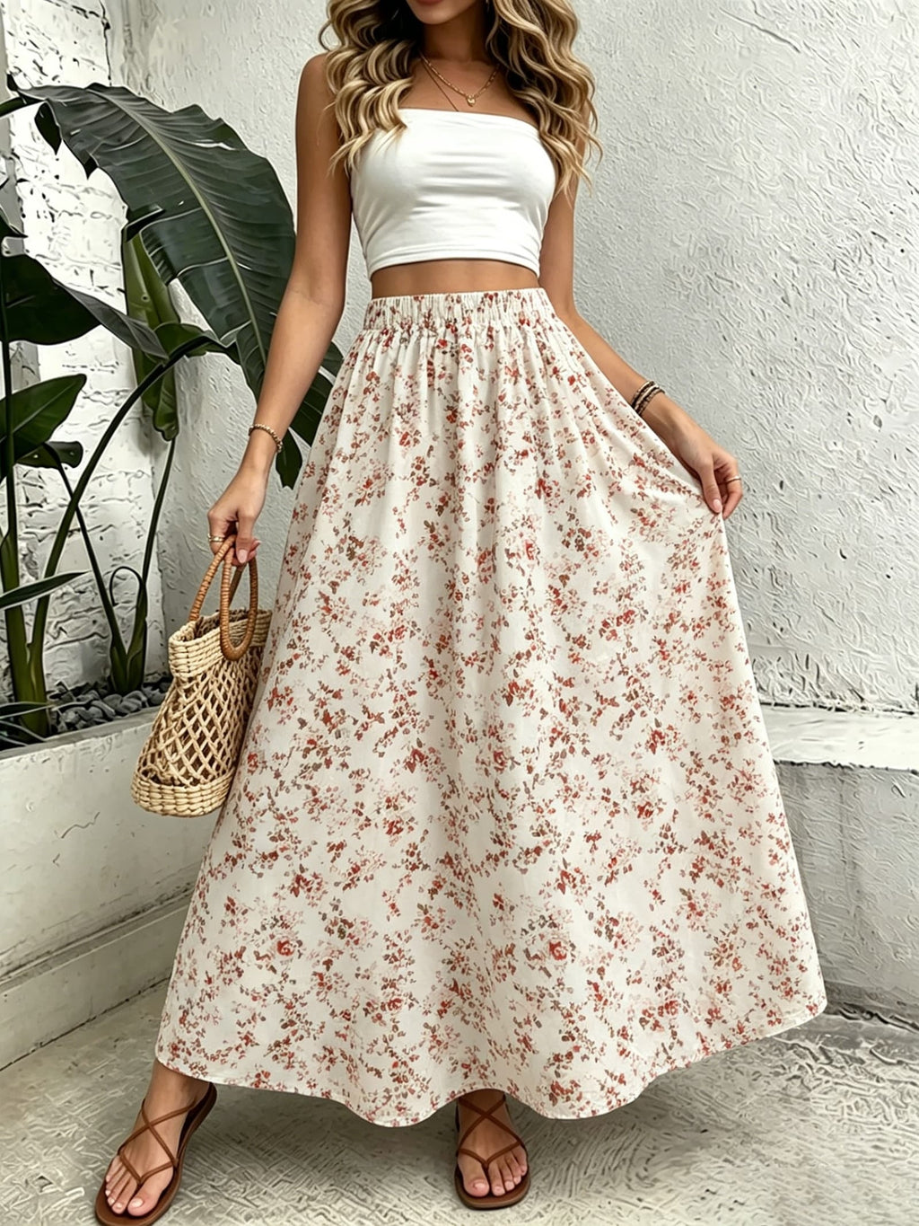 Women'S Skirt, Fashionable Elegant Casual Women'S High-Waist A-Line Long Skirt, Fresh Beige Floral Print Design, Non-Stretch Lightweight Breathable Fabric, Comfortable Skin-Friendly, High-Waist Design, 3-Layer Construction, Suitable for Vacation - Mixed colors