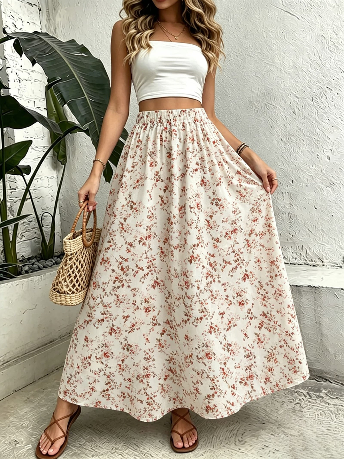 Women'S Skirt, Fashionable Elegant Casual Women'S High-Waist A-Line Long Skirt, Fresh Beige Floral Print Design, Non-Stretch Lightweight Breathable Fabric, Comfortable Skin-Friendly, High-Waist Design, 3-Layer Construction, Suitable for Vacation - Mixed colors