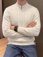 Autumn Winter Men'S Knit Cardigan, Zip-Up Sweater, Solid Color Twisted Rope Pattern, Casual Athletic Vintage Mature Business Street Style, Comfortable Soft Fabric, Regular Thickness, Men'S Top, Men'S Jacket, Men'S Sweater, Men'S Zip-Up Knit Top - Apricot