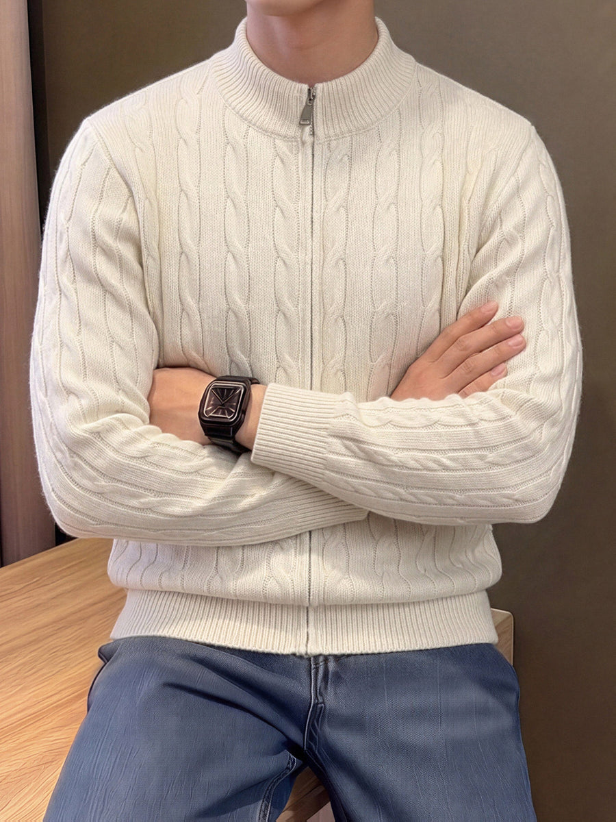 Autumn Winter Men'S Knit Cardigan, Zip-Up Sweater, Solid Color Twisted Rope Pattern, Casual Athletic Vintage Mature Business Street Style, Comfortable Soft Fabric, Regular Thickness, Men'S Top, Men'S Jacket, Men'S Sweater, Men'S Zip-Up Knit Top - Apricot