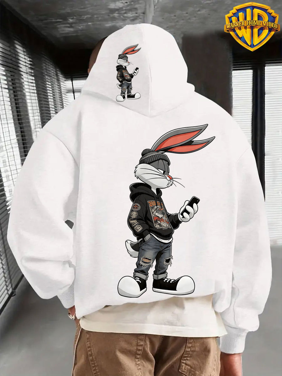 Warner Authorized Men'S New Trendy Hoodie, Warner'S 'Le Yi Tong' Co-Branded Le Yi Tong Street Style Bunny Print Hoodie, Casual Daily Drawstring Hoodie, Long Sleeve Pullover, Machine Washable, Versatile Sports Casual Loose Men'S Casual Hoodie, Fro - White
