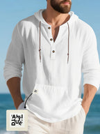 Men'S Casual Linen Hoodie Shirt, Long Sleeve Henley Top with Button Placket, Hooded Design And Comfortable Loose Fit, Made from Lightweight Breathable Linen Material, Perfect for Beach Trips, Tropical Holidays, Cruise Travel, And Summer Daily Wear - White