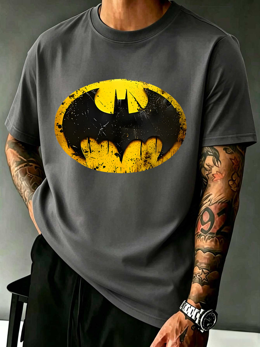 Warner Licensed DC Distressed Bat Symbol Embedded Gotham City Silhouette Print Loose Round Neck Short Sleeve T-Shirt - Dark Gray