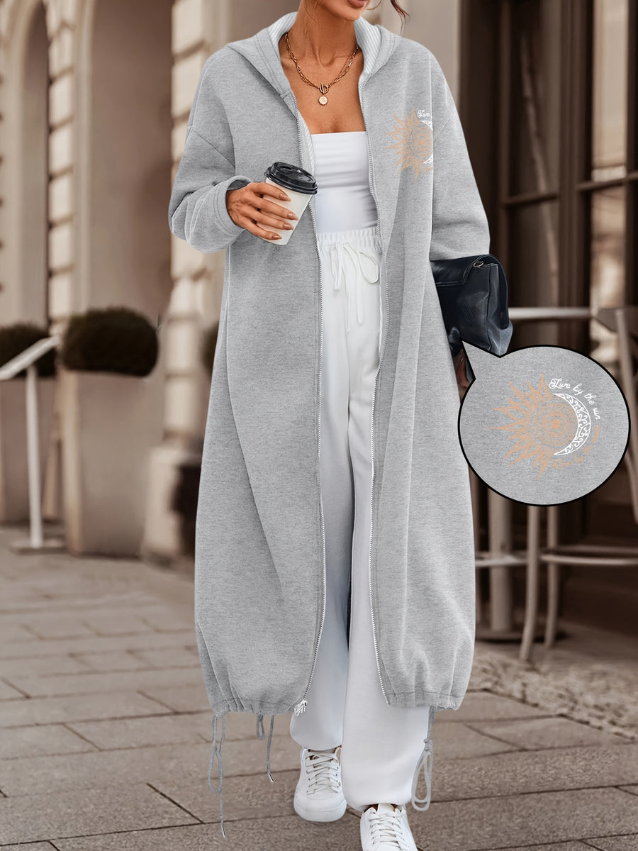 Women'S Casual Fashion Long Hooded Coat | Geometric Sun And Moon Print In Light Golden With "Good Vibes Only" | Comfortable And Versatile For Daily Commute - Grey