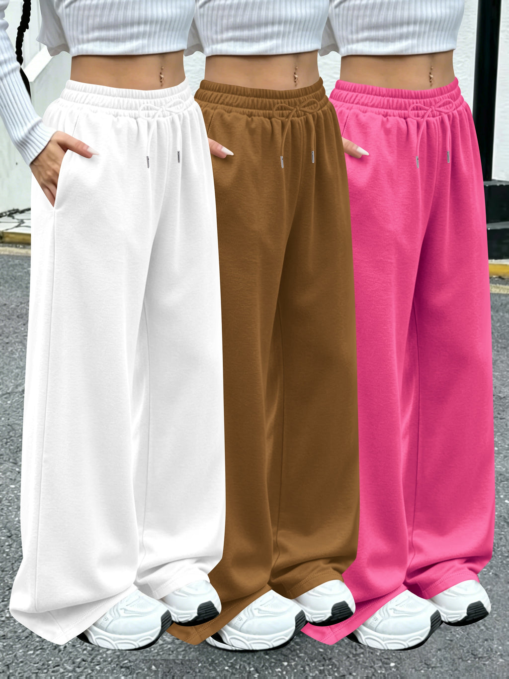 3pcs Women'S Jogging Pants, Elastic-Waistband Wide-Leg Casual Pants with Side Pockets, Light Sweatpants, Suitable for Daily And Formal Wear, Machine-Washable Non-Sheer Fabric, Joggers - White+Brown+Pink