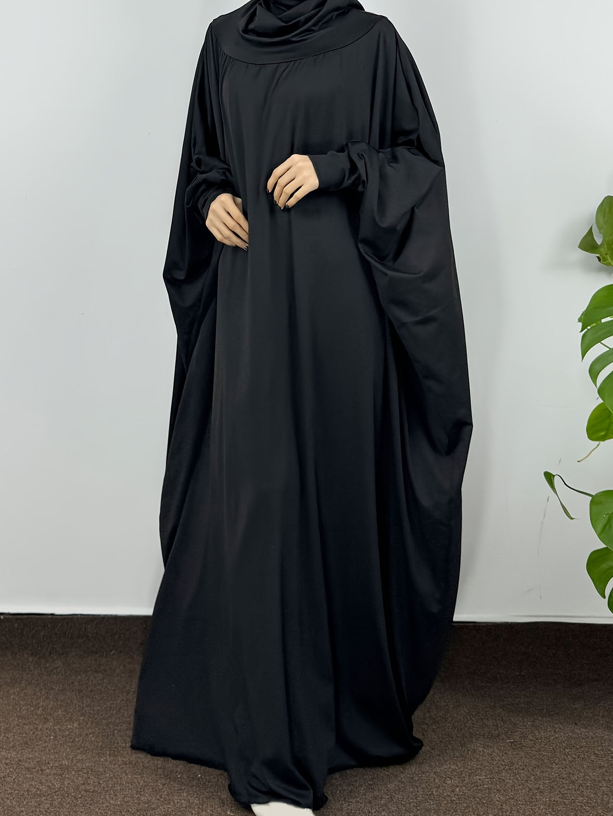 Muslim Smocking Sleeve One-Piece Prayer Robe Hooded Islamic Dubai Saudi Robes Turkish Modesty - Black