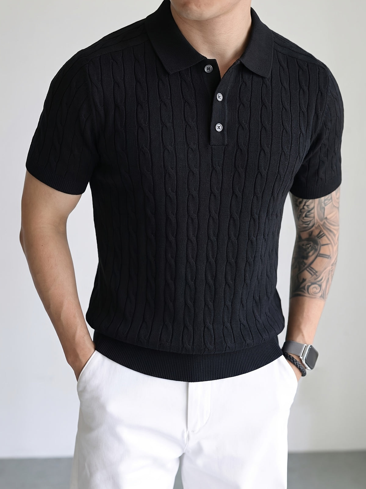 Short-Sleeved Knitted Shirt 2026 Spring/Summer New Product Cable Knit Lapel Slimming Pullover Top, Vertical Stripe Heavy-Duty Twist Slimming Pattern, Light Luxury Business High-Quality Style, Fashionable, Easy And Handsome, Precise Workmanship - Black