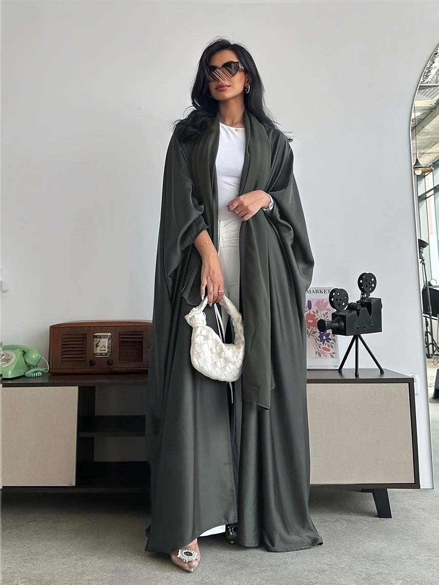 Middle Eastern Muslim Solid Color Loose Robe with Batwing Sleeves, Long Dubai Cardigan with Headscarf - Space Gray