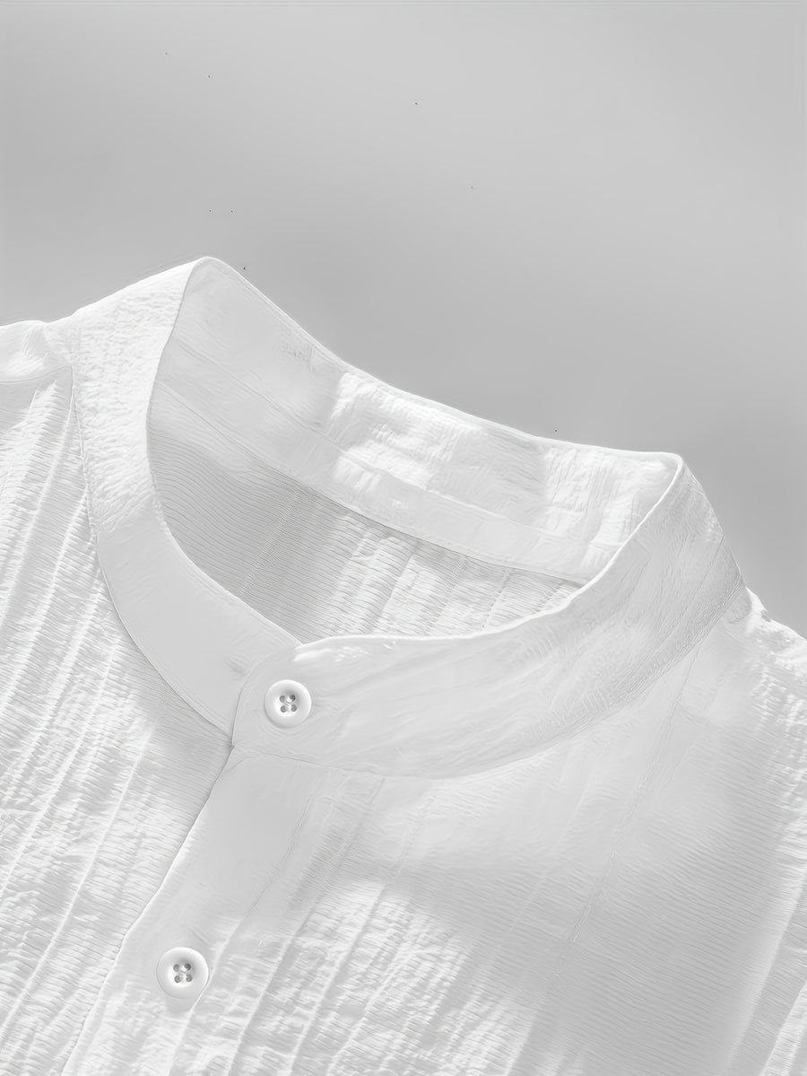 [Pearson OBM] Men'S Summer Print Short Sleeve Casual Stand-Up Collar Shirt, Button-Up Top Fashion Versatile Blouse, Lightweight Breathable Fabric for Beach Vacation Pool Party - White