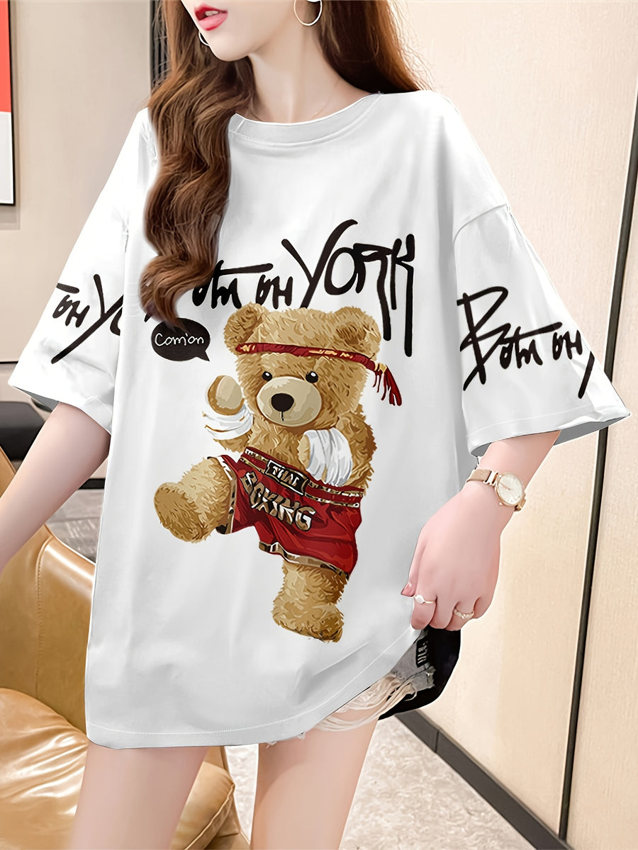 Summer New Fashion Trend Large Size Women'S Slim Loose Medium Long Cartoon Short-Sleeved T-Shirt - White