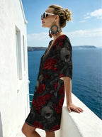 Dark-style Rose and Skull Print V-neck Dress, Featuring a Cool Snake Print and Dice Combination Pattern. Clean-cut Tailoring with a Relaxed Fit That Flatters All Body Types. Offers a Unique, Trendy, and Edgy Vibe, Perfect for Themed Parties - Mixed colors