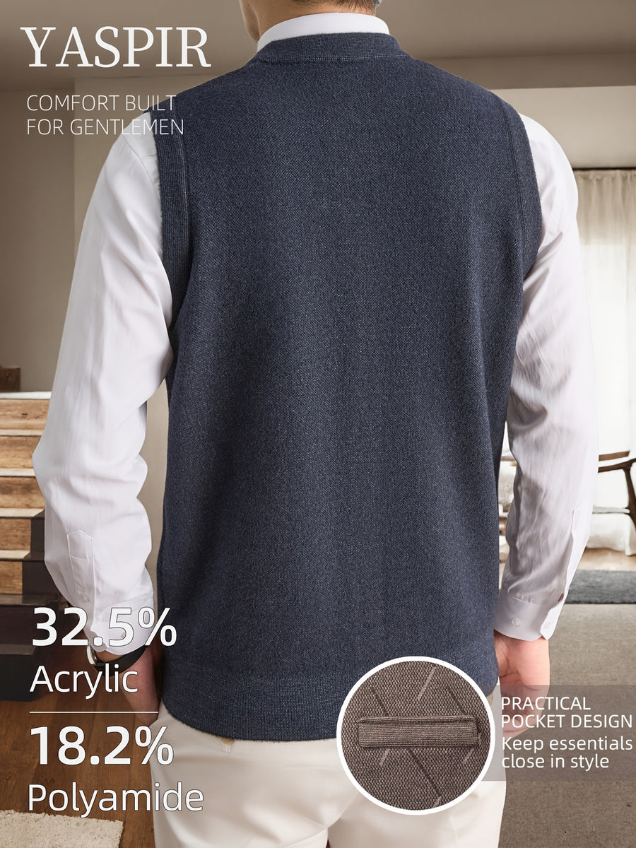 Men's Fall Winter Knit Vest with Elegant Open Front Design and Dual Pockets. Classic Old Money Style with Warmth and Comfort, Perfect for Business Casual, Daily Wear, Outdoor Activities, and Travel. A Stylish Gift Choice for Dad or Husband. - Dark Gray