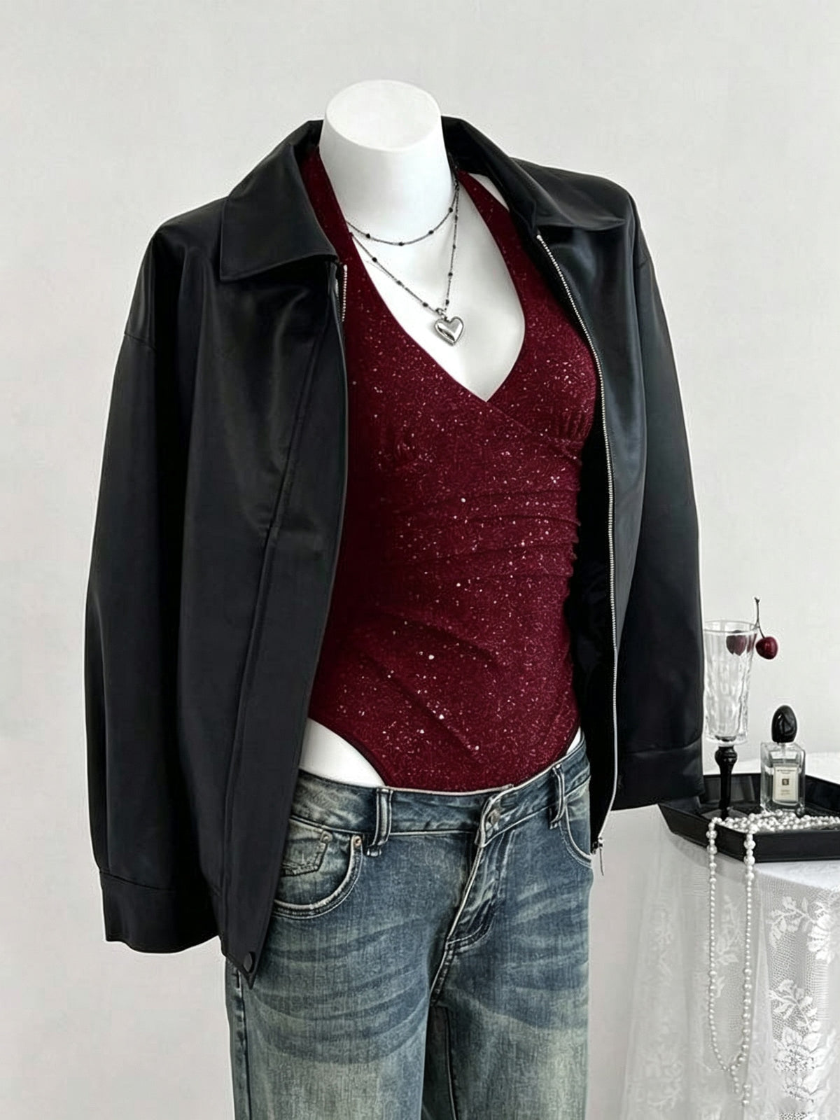 Women'S Summer New Easy Fashion Sexy Sequined Design Solid Color V-Neck Halter Neck Fitted Bodysuit - Burgundy