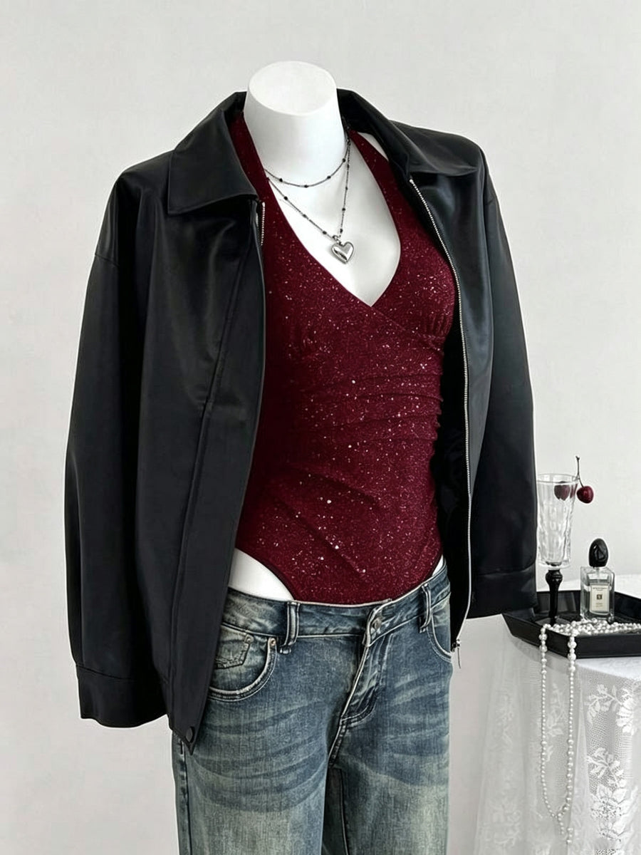 Women'S Summer New Easy Fashion Sexy Sequined Design Solid Color V-Neck Halter Neck Fitted Bodysuit - Burgundy