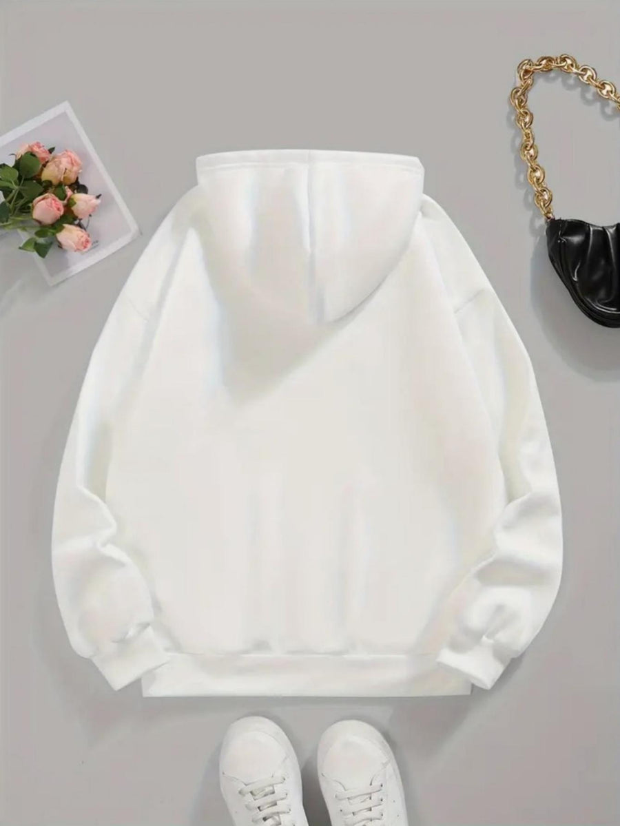 Cute Style Mickey Minnie Face Print Japanese Hooded Sweatshirt, Casual Comfortable Kangaroo Pocket Pullover Top - White
