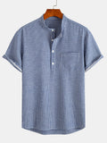 Men's Spring/Summer Button- Shirt Striped Stand Collar with Chest Pocket Contrast-Striped Casual Versatile Shirt Half-Open Collar Shirt - Navy Color