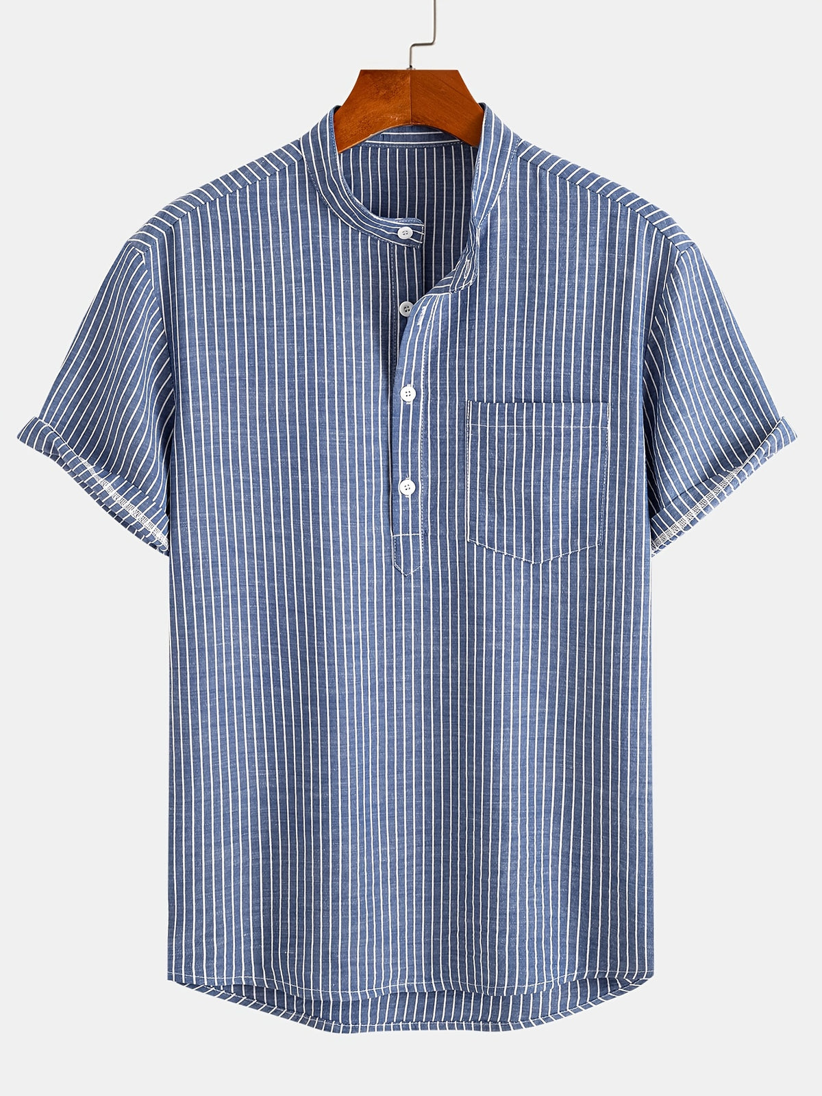 Men's Spring/Summer Button- Shirt Striped Stand Collar with Chest Pocket Contrast-Striped Casual Versatile Shirt Half-Open Collar Shirt - Navy Color