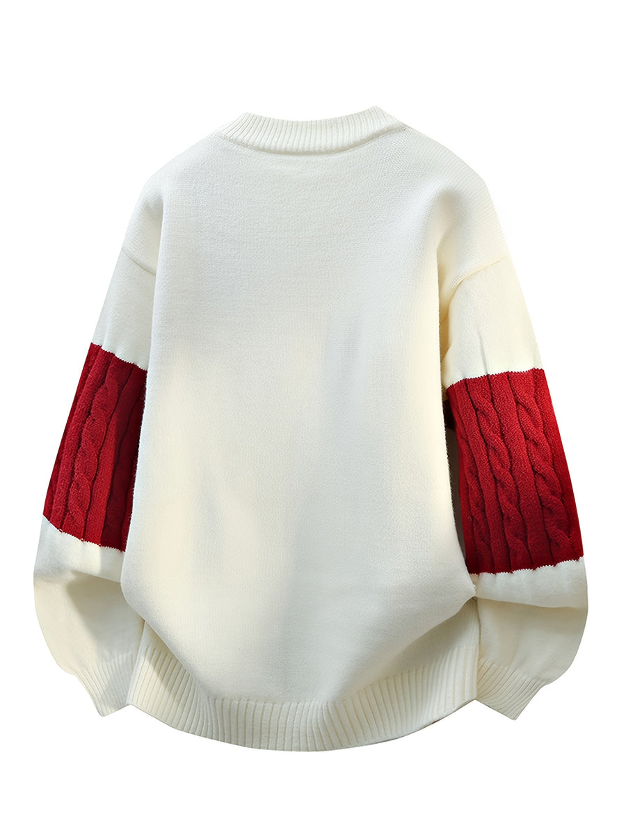 Men'S Round Neck Color-Block Checkered Sweater, Jacquard Ribbed Knit Autumn Winter Loose Trendy Pullover Top - White