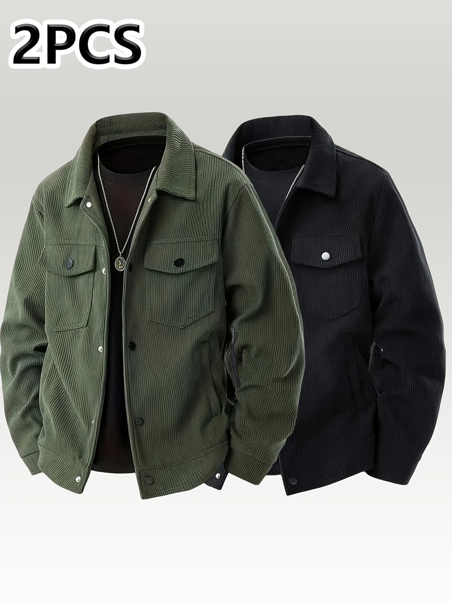 [Pearson OBM] Autumn Winter Men'S Corduroy Solid Color Casual Fashion Multi-Pocket Button-Up Jacket 2pcs Set - Army Green+Black