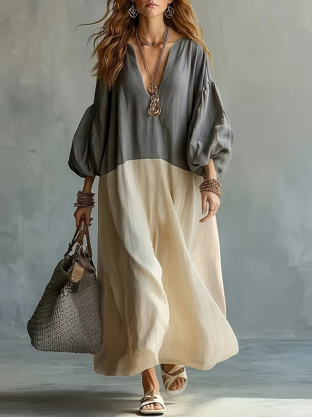 Plus Size - Autumn Winter Hot New Color-Block Artistic Casual Fashion Vacation Maxi Dress, Elegant Long Sleeve Dress - Dark Gray