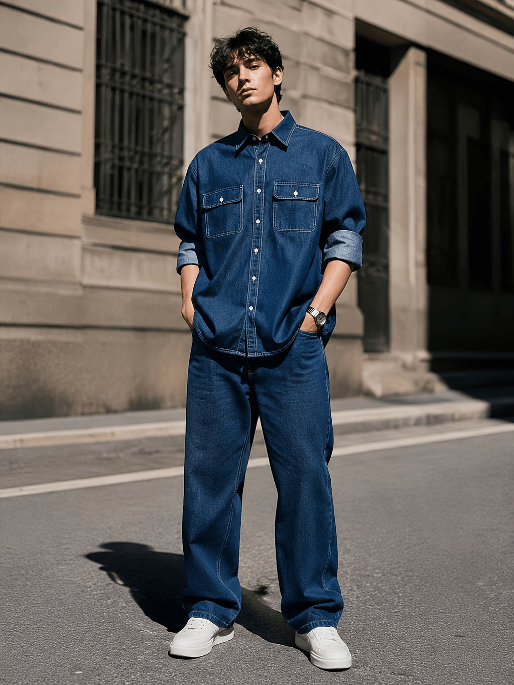 Men's Vintage Workwear Style Long-Sleeve Denim Shirt, Versatile and All-Match - Blue
