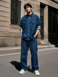Men's Vintage Workwear Style Long-Sleeve Denim Shirt, Versatile and All-Match - Blue
