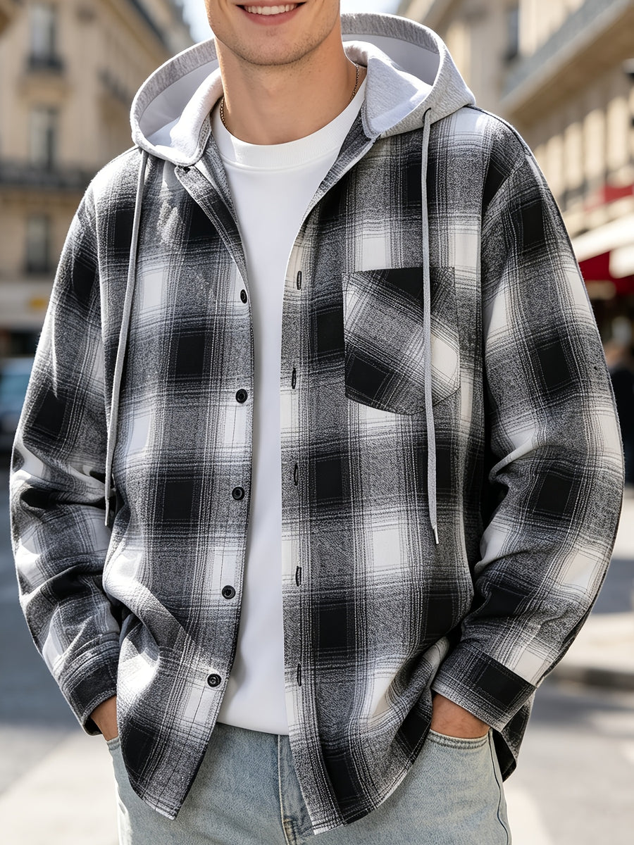 Men'S Hooded Plaid Shirt Jacket, Classic Color-Block Checkered Design, Layered And Practical, Loose Drop Shoulder Fit, Easy And Elegant Chest Pocket Detail, Suitable for Spring/Autumn Daily Commute, Casual Outings, And Dates - Black