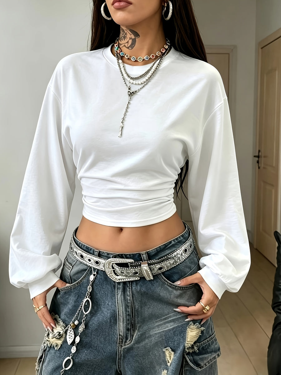 Women's Back-to- Season Basic Solid Color Pleated Asymmetrical Collar Long Sleeve Pullover Top, Autumn/Winter Casual Versatile Style,, Leisure, Dating, and Vacation Holidays in Multiple Scenarios - White