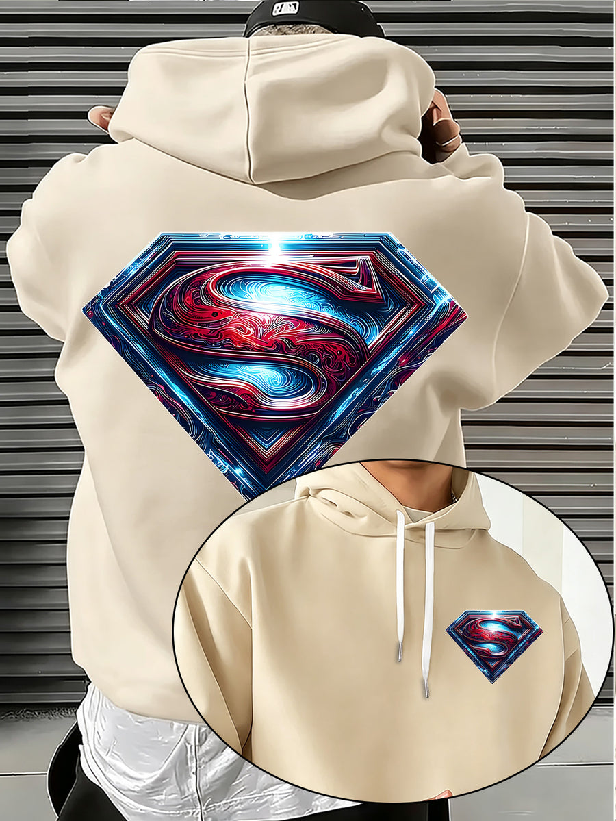 Warner Bros. Official Light and Shadow Superman S-Logo Printed Hooded Sweatshirt — Unisex Loose Pullover, Suitable for Casual, Sports, and Daily Wear, Machine Washable and Warm, for Autumn and Winter - Apricot