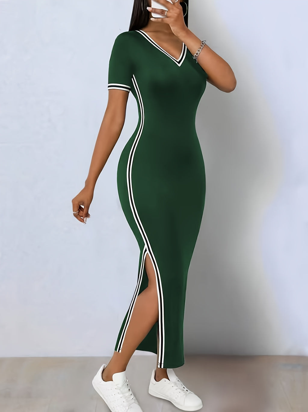 Elegant Color-blocked Stretch Bodycon Asymmetrical Hem Slit V-neck Short Sleeve Dress - Olive Green