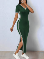 Elegant Color-blocked Stretch Bodycon Asymmetrical Hem Slit V-neck Short Sleeve Dress - Olive Green