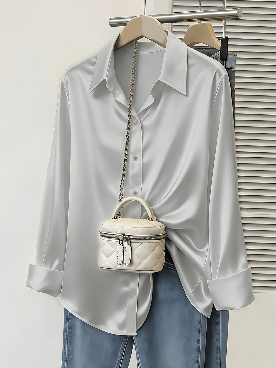 Women's Spring/Autumn Elegant and Versatile Satin Commuter Shirt - Silvery Grey