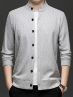 Men'S Stand Collar Knit Cardigan Fleece Thickened Jacket Casual Vertical Stripe Button-Up Top - Light Grey