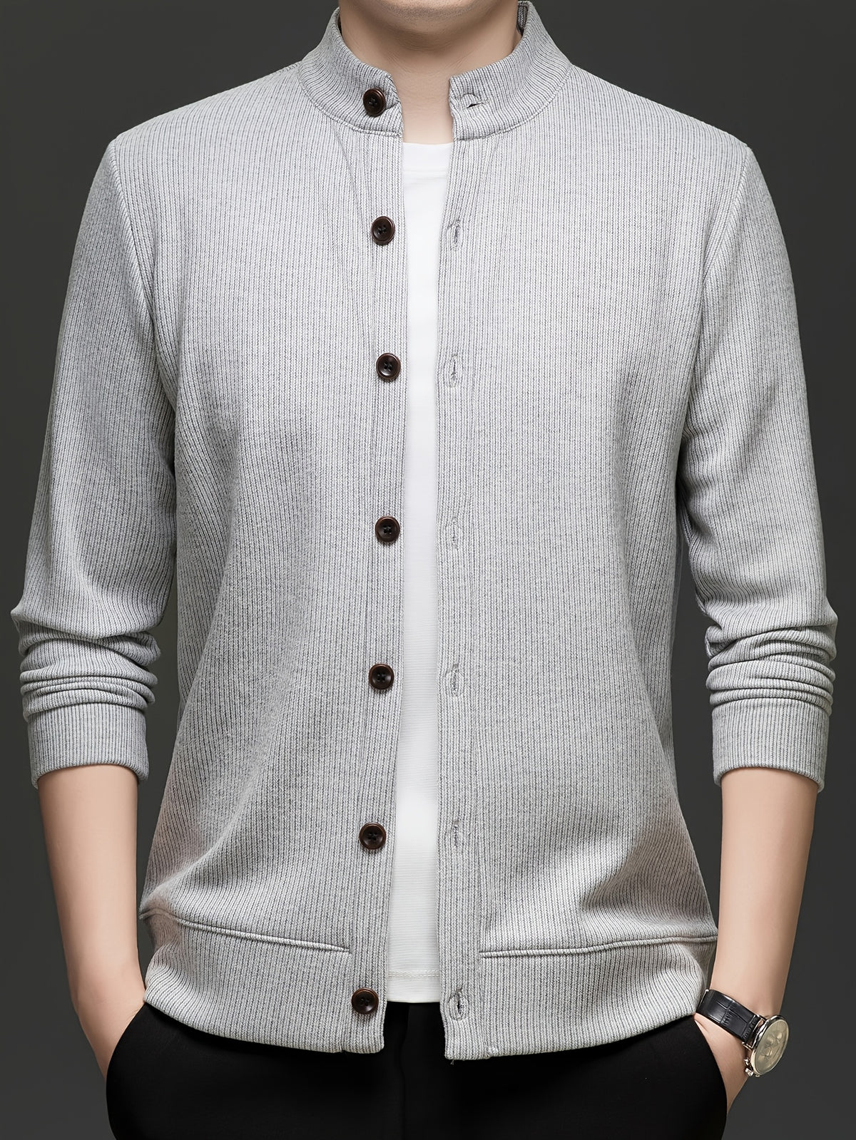 Men'S Stand Collar Knit Cardigan Fleece Thickened Jacket Casual Vertical Stripe Button-Up Top - Light Grey