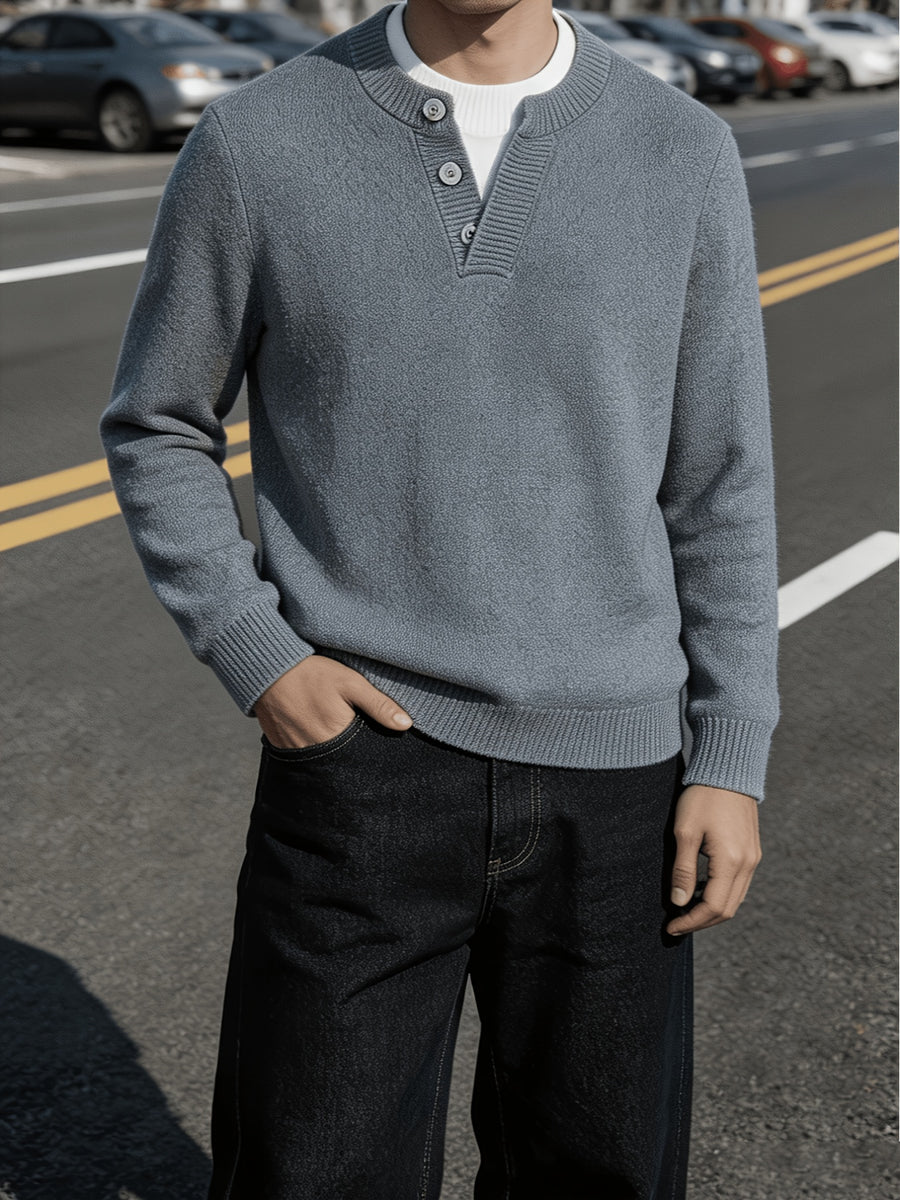 Men'S Thickened Button-Up Knit Sweater Off-Shoulder Sleeve Solid Color Pullover Top, Light Mature Casual Style, Winter Daily Commute Inner Outerwear Sweater - Grey