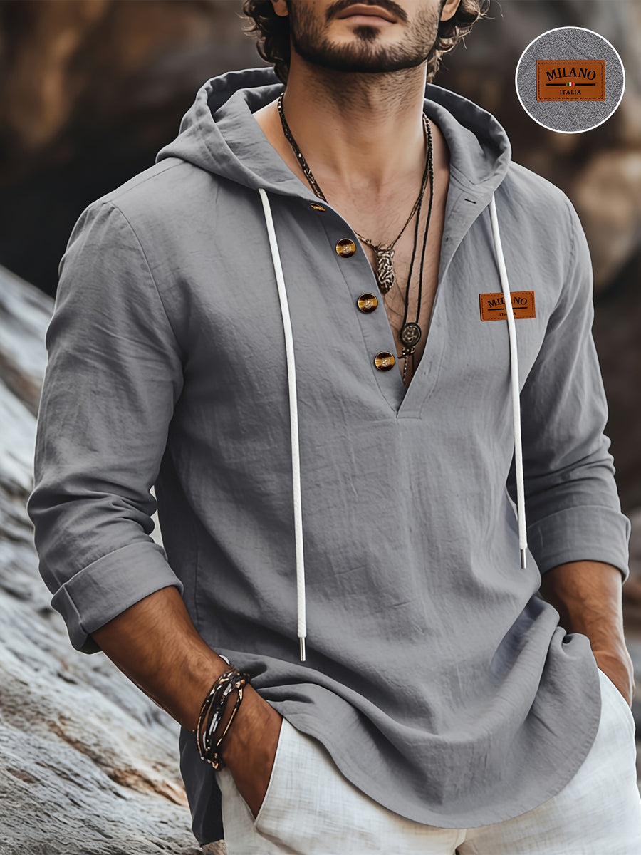 Men'S Fashion Hoodie Linen Long Sleeve Hooded Top Shirt Henley Shirt Linen Texture Hooded Henley Long Sleeve Shirt Men'S Half Button Wooden Button Drawstring Hoodie Vacation Style Loose Roll-Up Sleeve Casual Top 3pcs Set - Grey*3