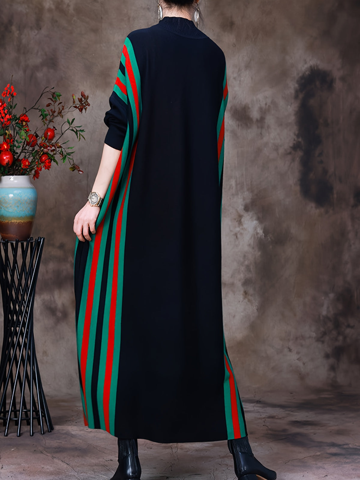 Long Sleeve Stripe Knit Dress, Elegant Mock Neck Loose Ankle Length Dress For Fall & Winter, Women's Clothing - Black
