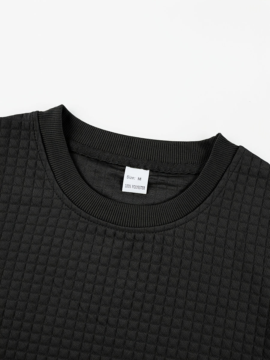 Men'S Waffle Knit Sweatshirt, Crew Neck Long Sleeve Pullover, Textured Grid Fabric, Casual Outdoor Hiking Ski Travel Camping Workout Training Streetwear Fashion Daily Wear Relaxed Fit Winter Autumn Clothing, Navy Blue - Black