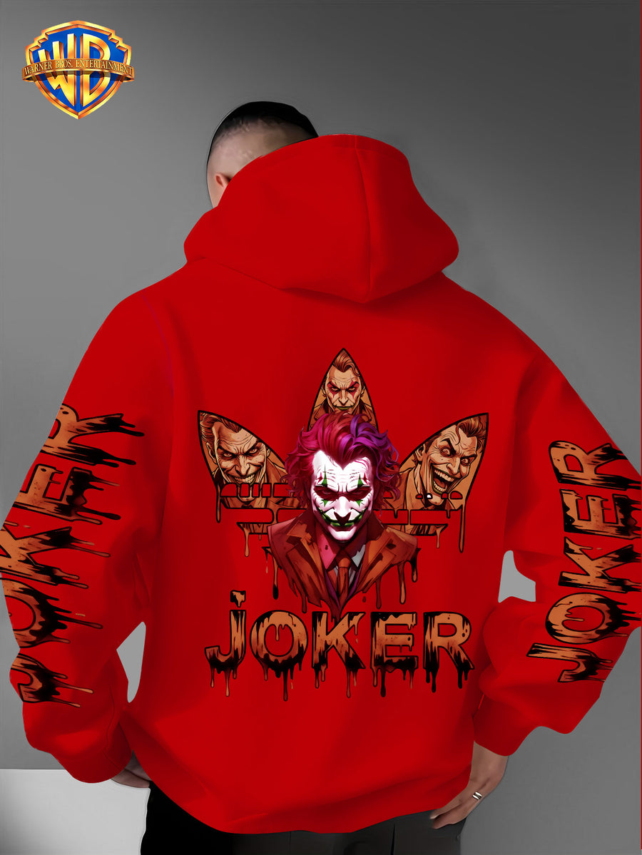 Warner Bros. Official DC Joker Multi-Character Avatar Brown-Toned Fluid Drip Graffiti Men's Fashion Hooded Sweatshirt, Sleeve Print Design, Kangaroo Pocket, Drawstring Hood, Suitable for Daily Wear and Outdoor Sports, an Excellent Choice for Warmth - Red