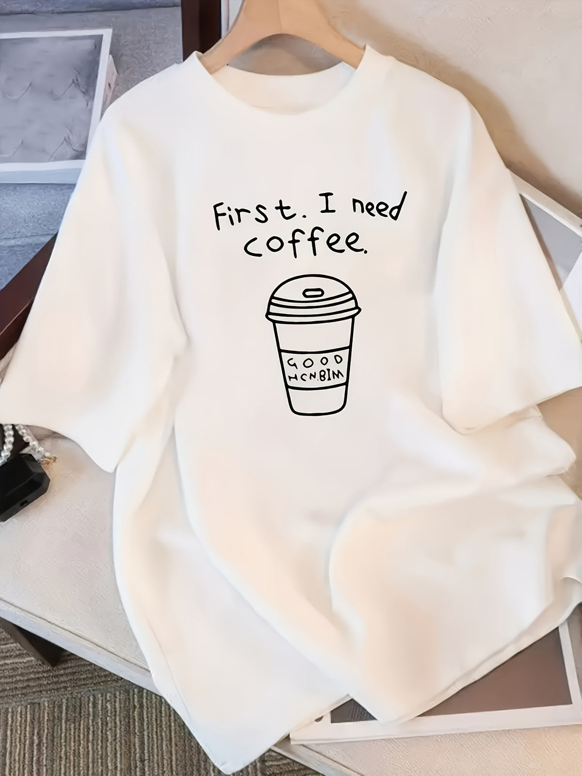 Women's Casual T-Shirt with "Coffee First" Print - White