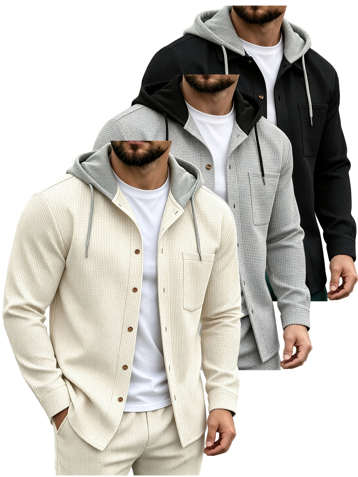 Men'S Waffle Knit Contrast Color Hooded Long Sleeve Button-Up Shirt 3pcs Set, Drawstring Hood Design, Single Chest Pocket, Loose Fit, Casual Outerwear, Spring/Autumn Holiday Street Style Jacket - Mixed Color 1