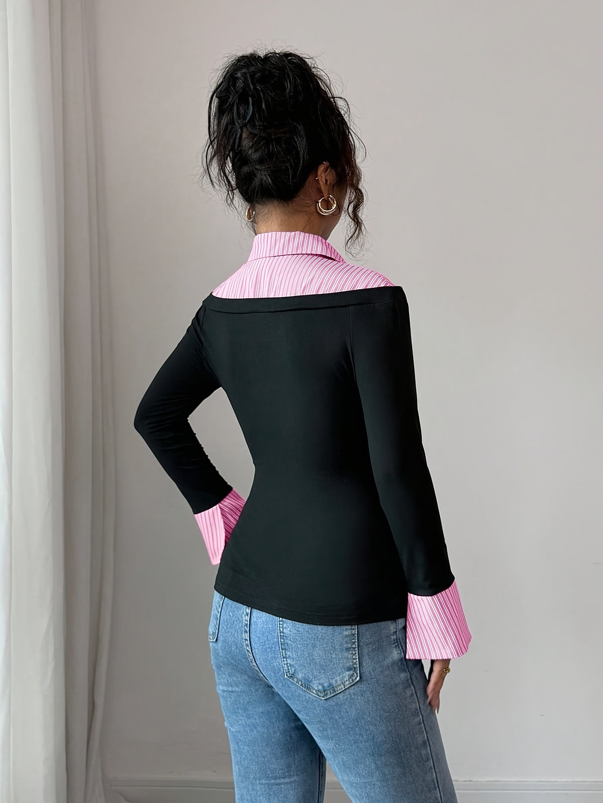 Autumn/Winter Slim-Fit Two-in-One Polo Collar Long-Sleeve Shirt, Vintage Color Block Polo Collar Slim-Fit Sexy Long-Sleeve T-Shirt, Elegant Commuter Bodycon AB Collar Flared Cuff Long-Sleeve Half-Open Placket Striped Multicolor T-Shirt - Pink Stripes
