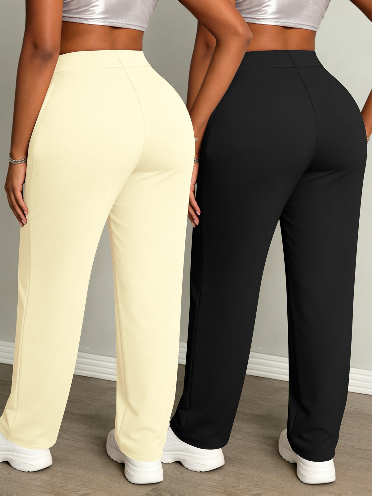 Women's Fashion Daily 2pcs Set, Comfortable Loose-Fit Solid Color Drawstring Waist Wide-Leg Sweatpants - Apricot+Black
