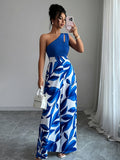 Women's Elegant Off-Shoulder Floral Print Jumpsuit - Blue