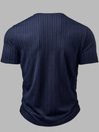 Men'S Fashion Top, Spring Summer Outdoor Casual Textured Pleated Fabric Solid Color Keyhole V-Neck Pocket Patchwork Short Sleeve Men'S Henley Shirt - Navy blue color