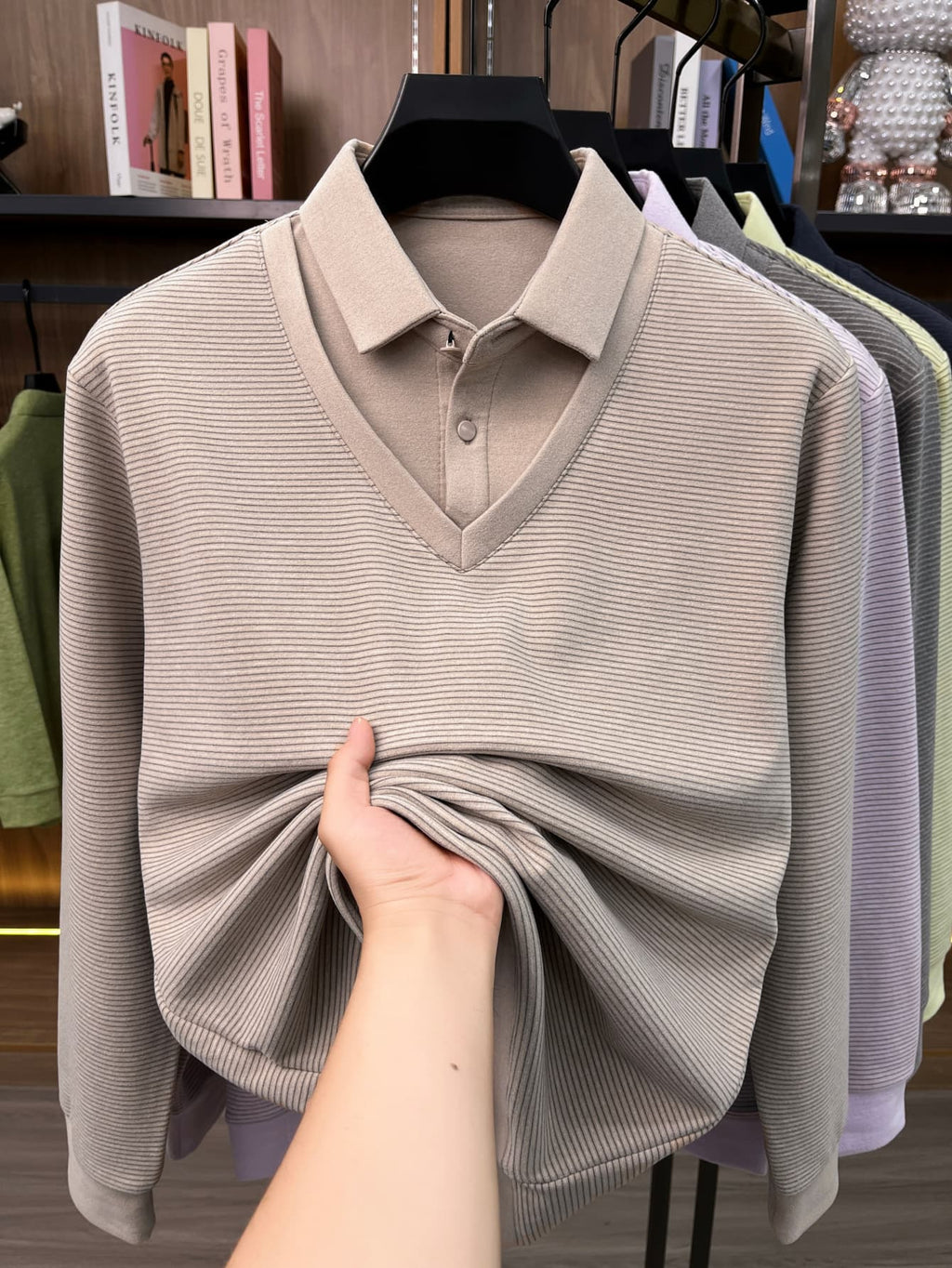 Men's Shirt Collar Fake 2pcs Knitted Top, Thick Warm Long Sleeve Base Shirt, Casual Pullover Polo for Golf, Fishing, Tennis, Winter Daily Wear for Middle-aged Dad - Almond Color