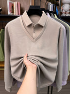 Men's Shirt Collar Fake 2pcs Knitted Top, Thick Warm Long Sleeve Base Shirt, Casual Pullover Polo for Golf, Fishing, Tennis, Winter Daily Wear for Middle-aged Dad - Almond Color